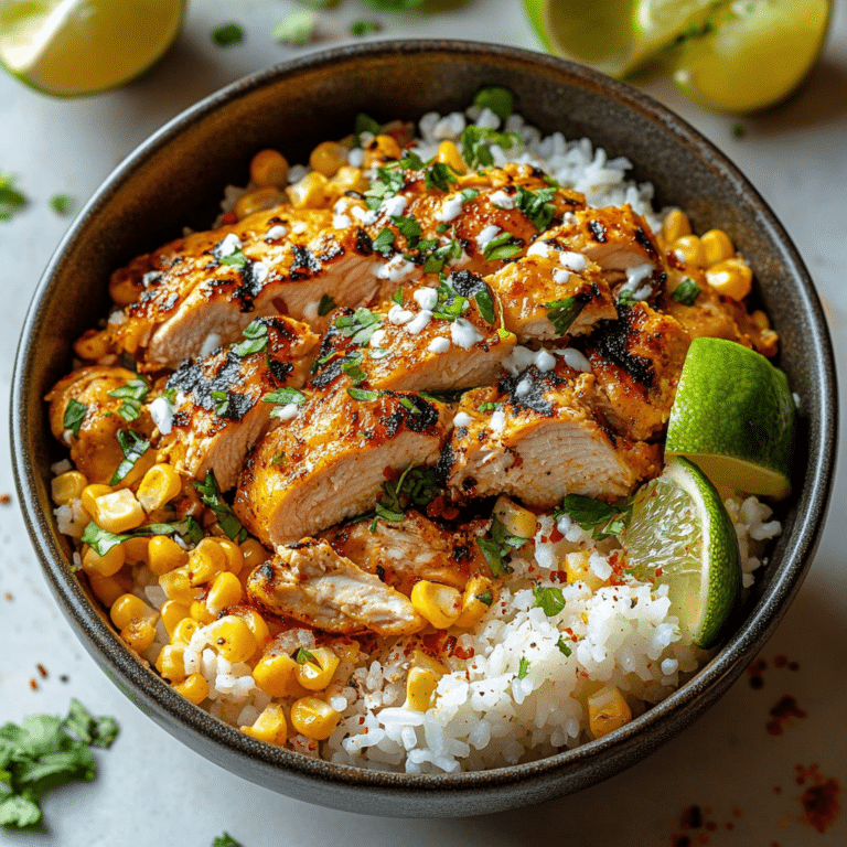 This Street Corn Chicken Rice Bowl is a bold, flavor-packed meal inspired by Mexican street corn (elote). Juicy grilled chicken is paired with creamy, smoky street corn and served over fluffy rice for a delicious and satisfying dish. Perfect for meal prep or a quick weeknight dinner, this bowl is guaranteed to be a hit!