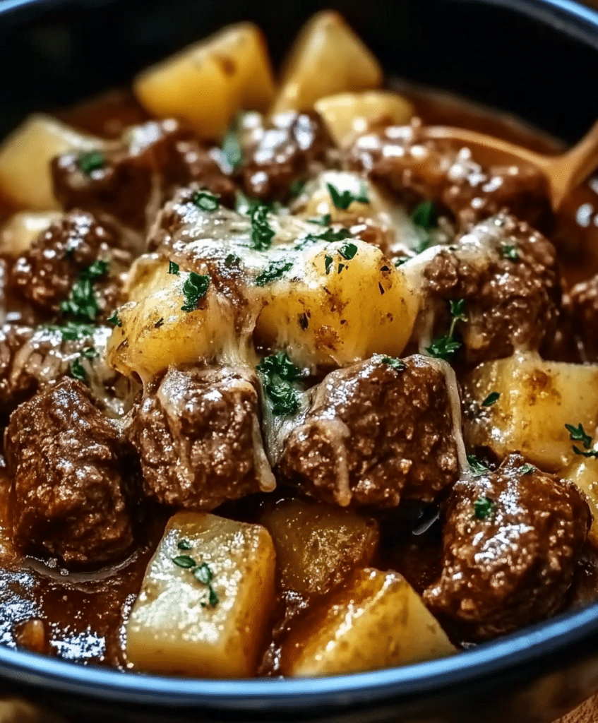 Make this Slow Cooker Garlic Butter Beef Bites and Potatoes for a cozy, hearty meal! Tender beef and potatoes in a rich garlic butter sauce. Perfect for weeknights!
