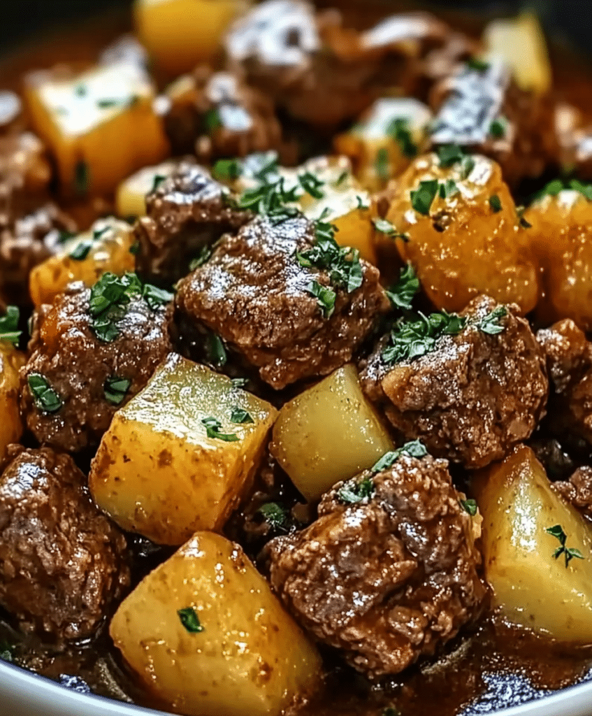 Make this Slow Cooker Garlic Butter Beef Bites and Potatoes for a cozy, hearty meal! Tender beef and potatoes in a rich garlic butter sauce. Perfect for weeknights!