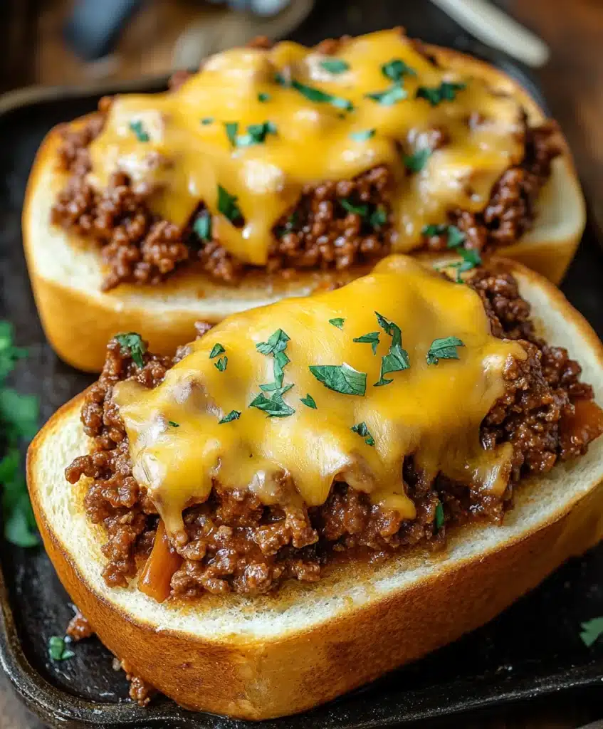 These Texas Toast Sloppy Joes are loaded with cheesy, savory goodness! Made with garlic toast, meaty Sloppy Joe sauce, and melted cheese. Ready in 30 minutes!