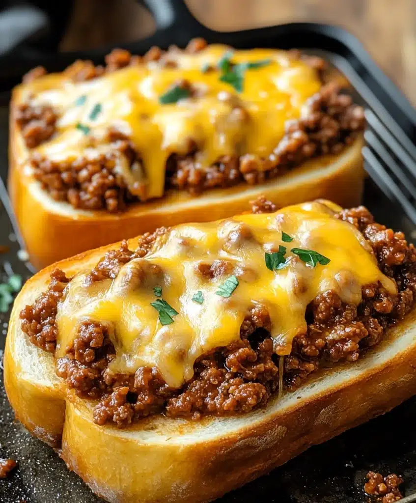 These Texas Toast Sloppy Joes are loaded with cheesy, savory goodness! Made with garlic toast, meaty Sloppy Joe sauce, and melted cheese. Ready in 30 minutes!