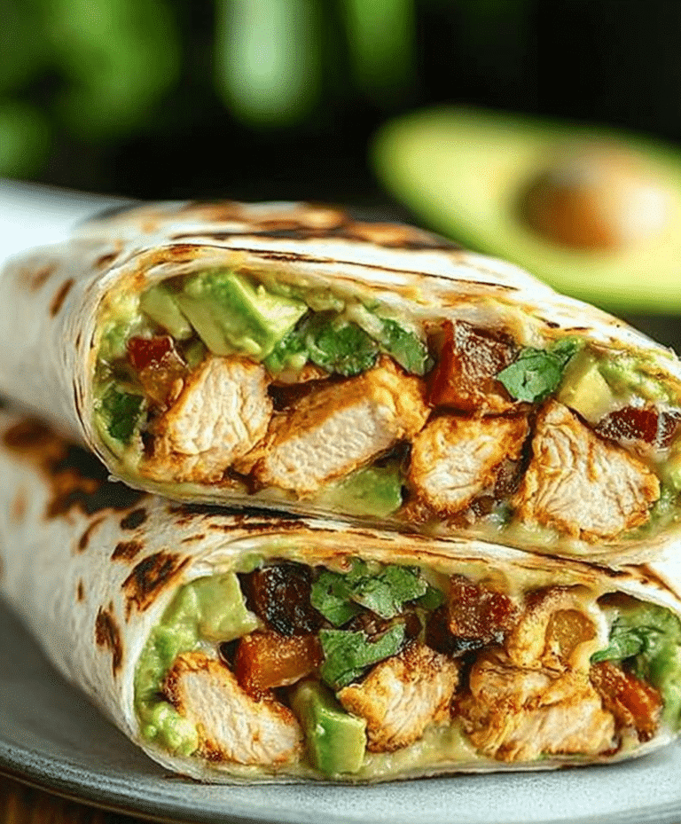 the chicken avocado wrap is cut in half and stacked on top of each other