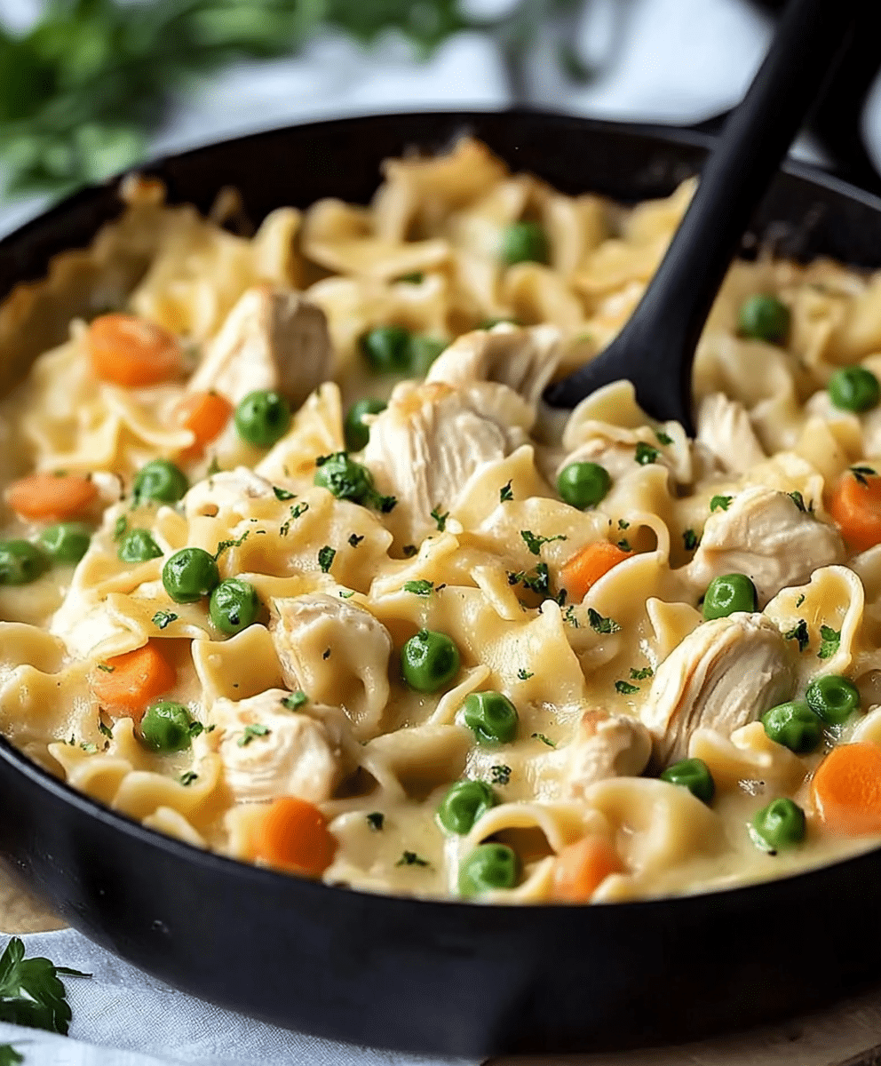 This Chicken Pot Pie Noodle Skillet is creamy, hearty, and easy! A one-pan meal ready in under 30 minutes, perfect for busy nights.