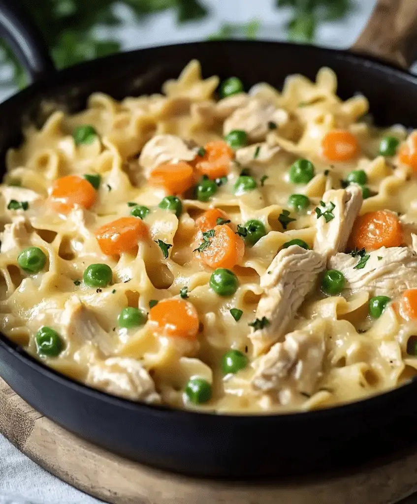 This Chicken Pot Pie Noodle Skillet is creamy, hearty, and easy! A one-pan meal ready in under 30 minutes, perfect for busy nights.