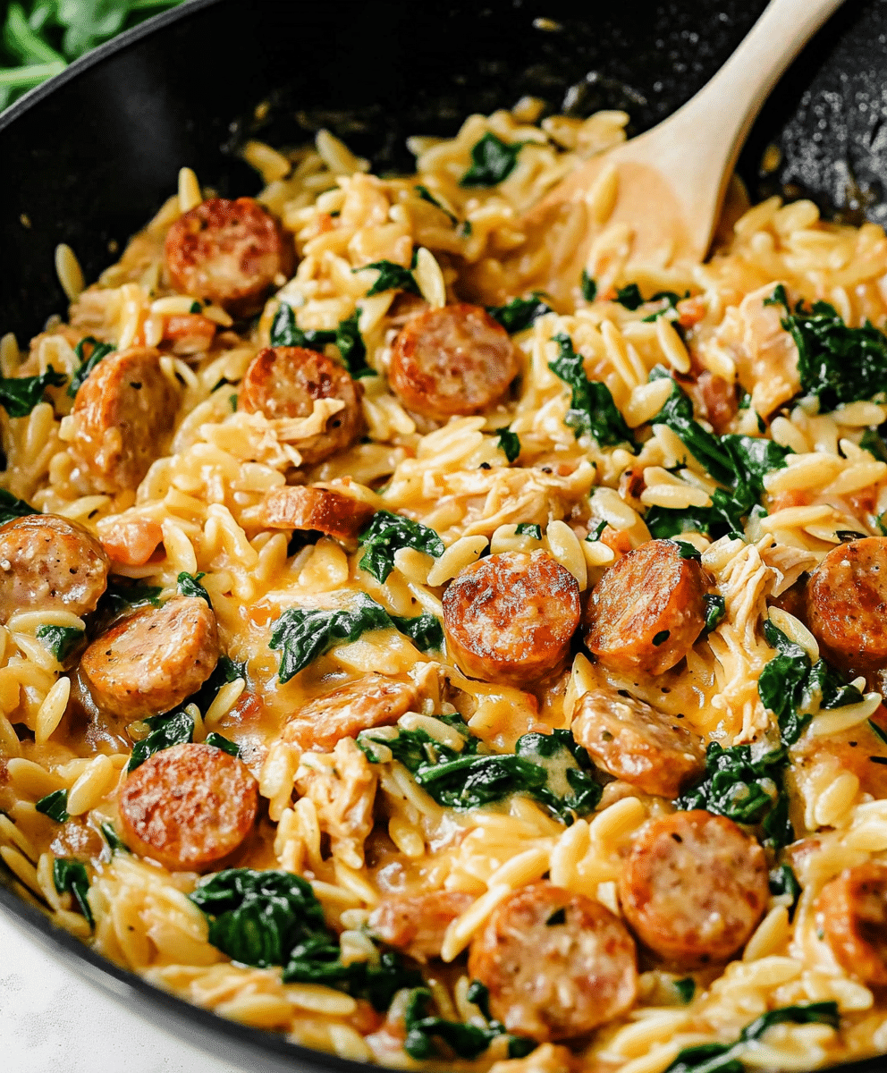 a skillet filled with pasta and sausages on top of a table next to a wooden spoon
