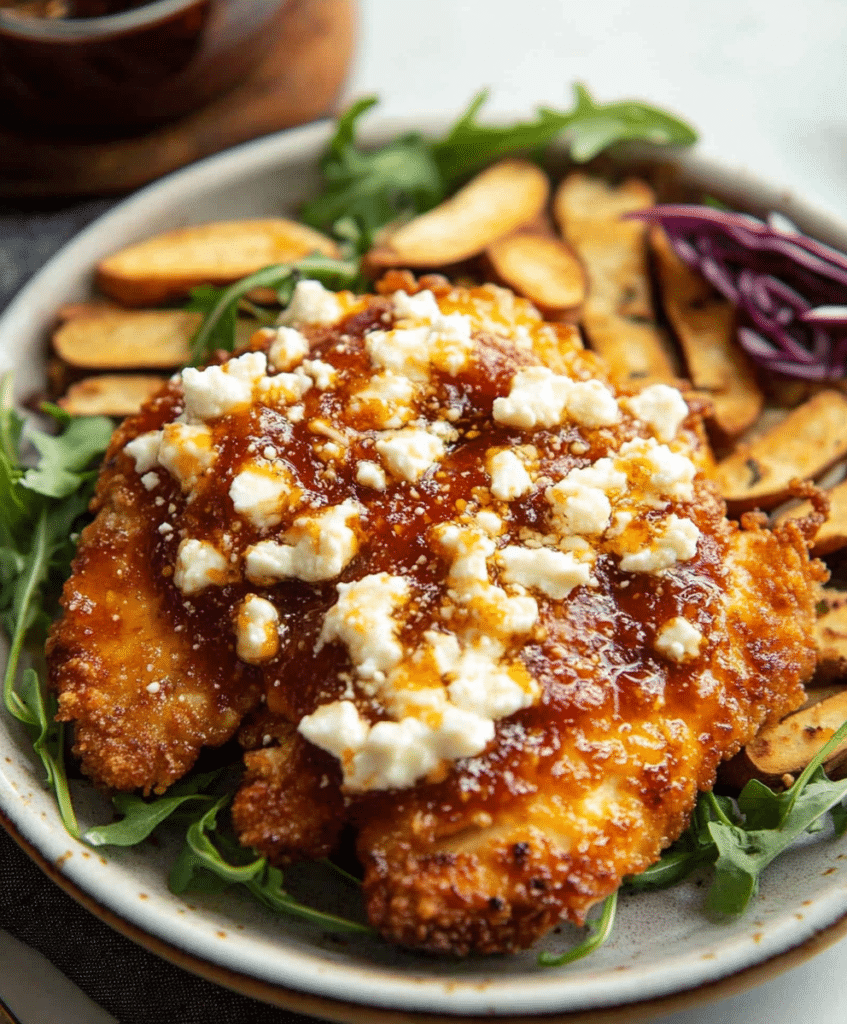 This Crispy Hot Honey Feta Chicken is perfectly fried, topped with tangy feta, and drizzled with sweet and spicy hot honey.