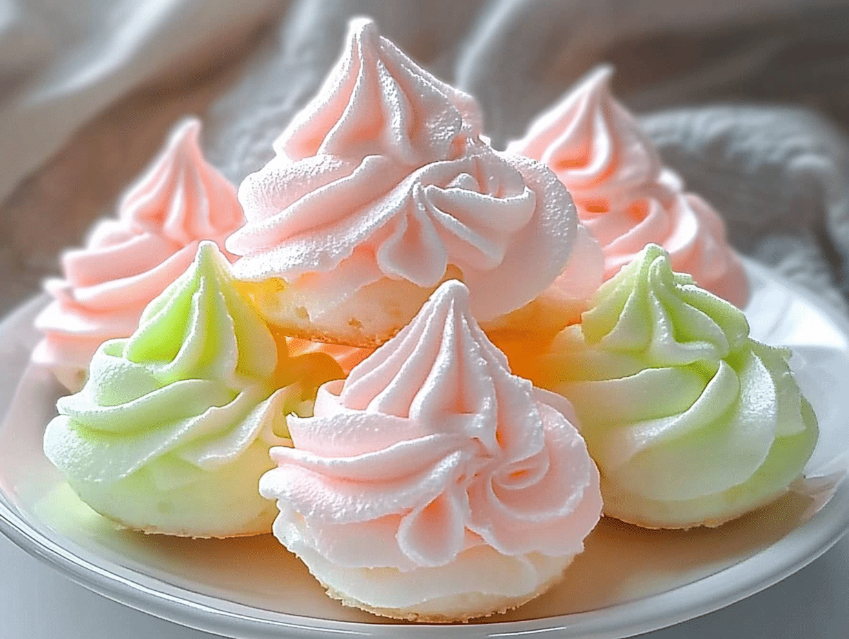 colorful meringue cookies on a plate with mountains in the background
