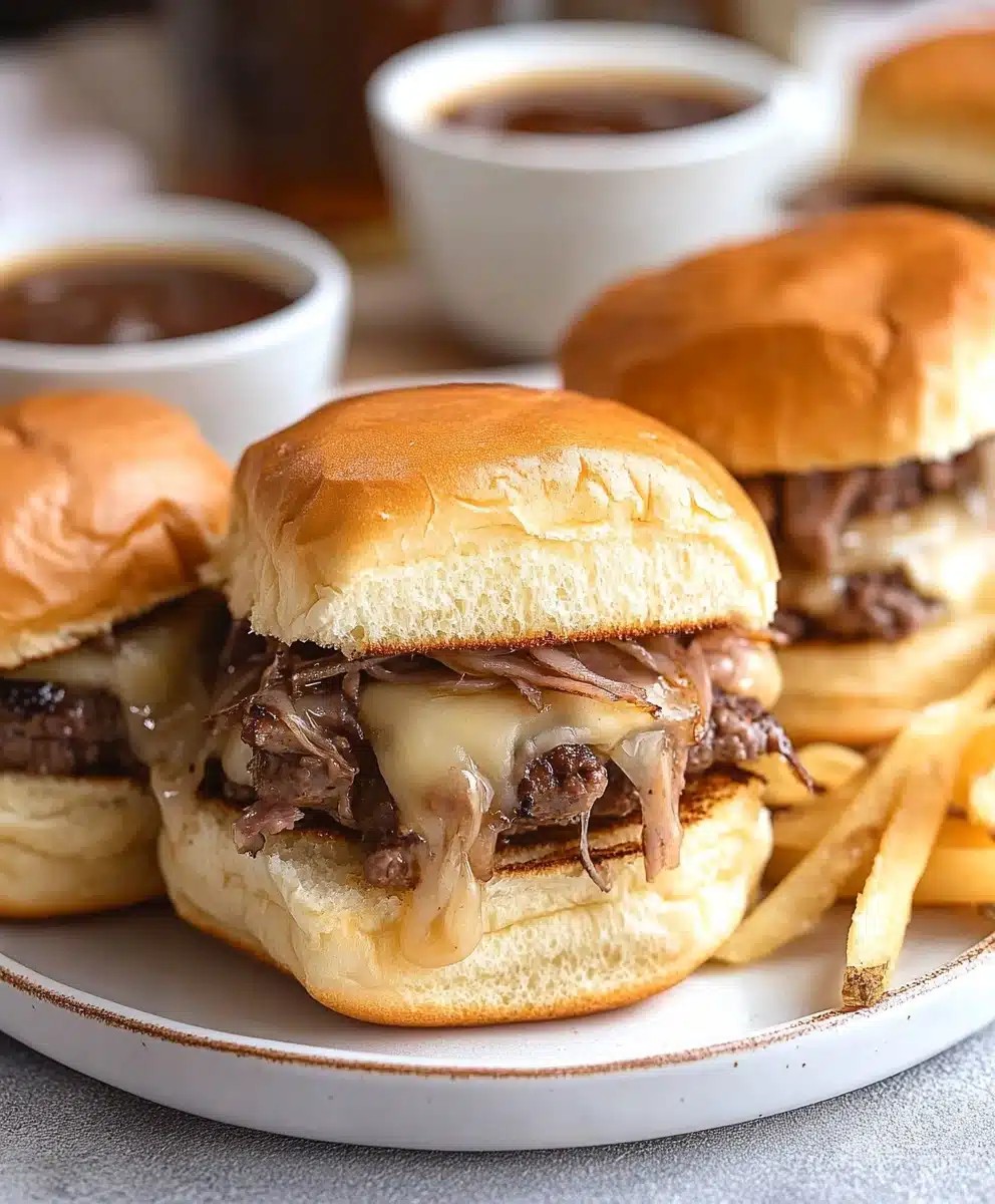 Indulge in the ultimate comfort food with these French Dip Sliders, an easy and delicious recipe that combines tender roast beef with melty provolone or Swiss cheese on King's Hawaiian rolls. Layered with caramelized onions and a zesty horseradish mayo, these sliders are a fun twist on the classic French Dip sandwich that's perfect game day food or an easy dinner idea.
