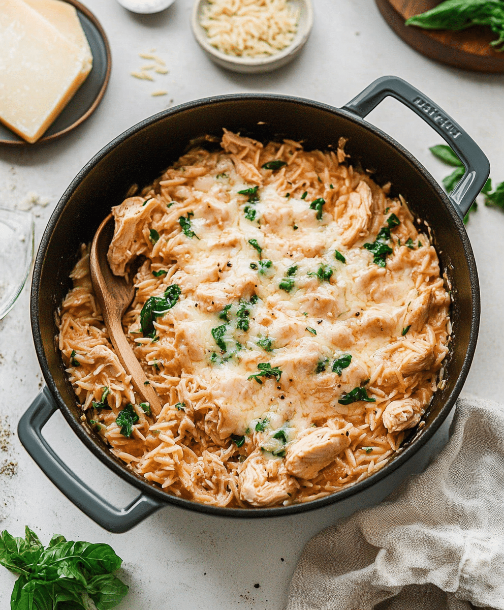 chicken and asparagus pasta in a skillet with the words high protein chicken orzo