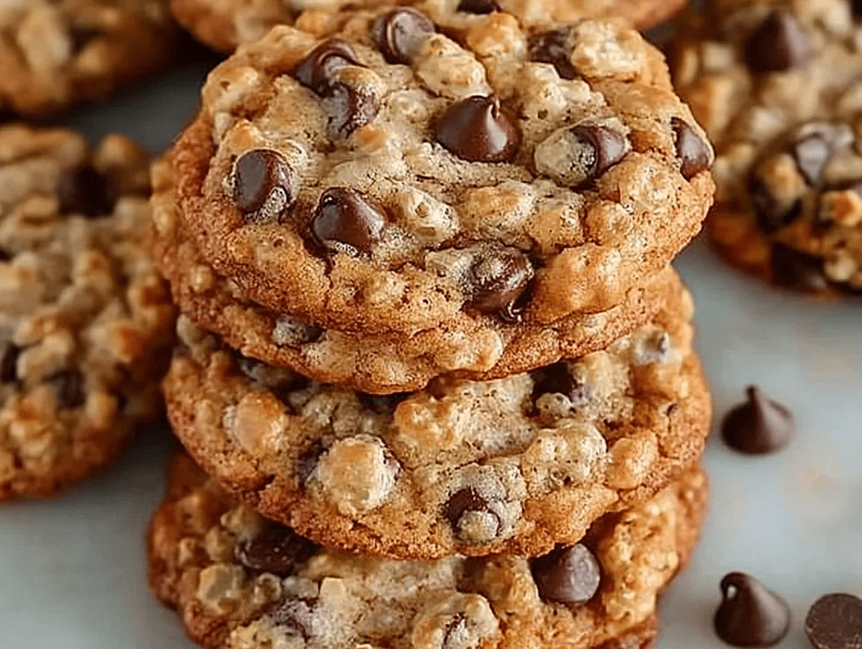 rice krispie chocolate chip cookies are cooling on the rack with text overlay that reads rice krispie chocolate chip cookies