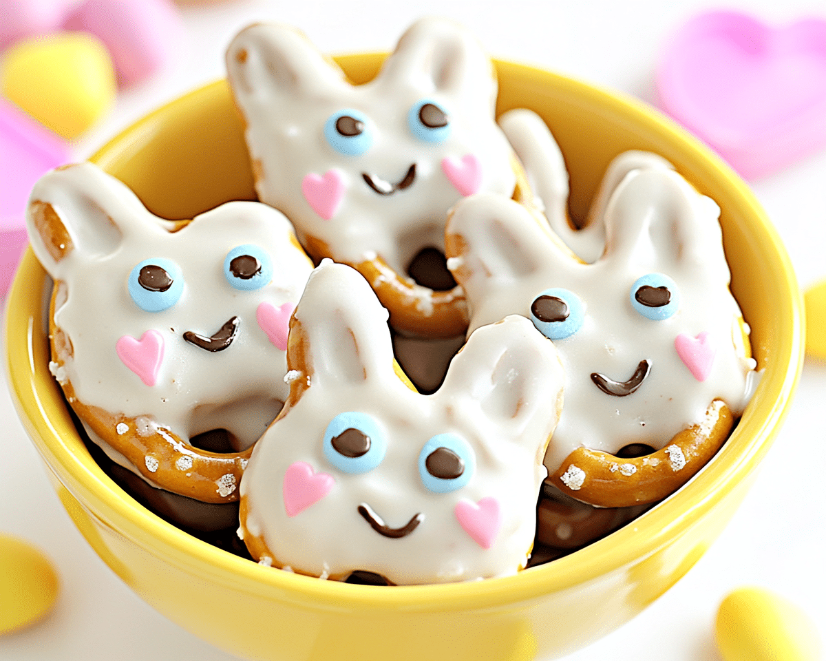 easter pretzels in the shape of cats and rabbits on a yellow plate with text overlay