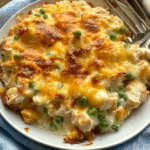 chicken cobbler casserole with cheese and crackers on the side is shown