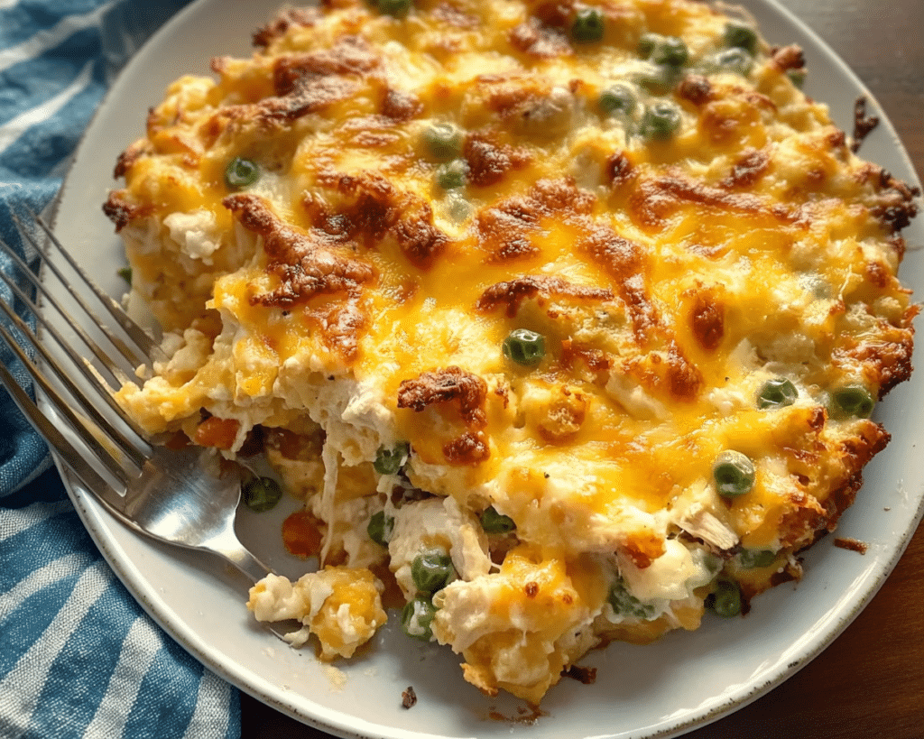 chicken cobbler casserole with cheese and crackers on the side is shown