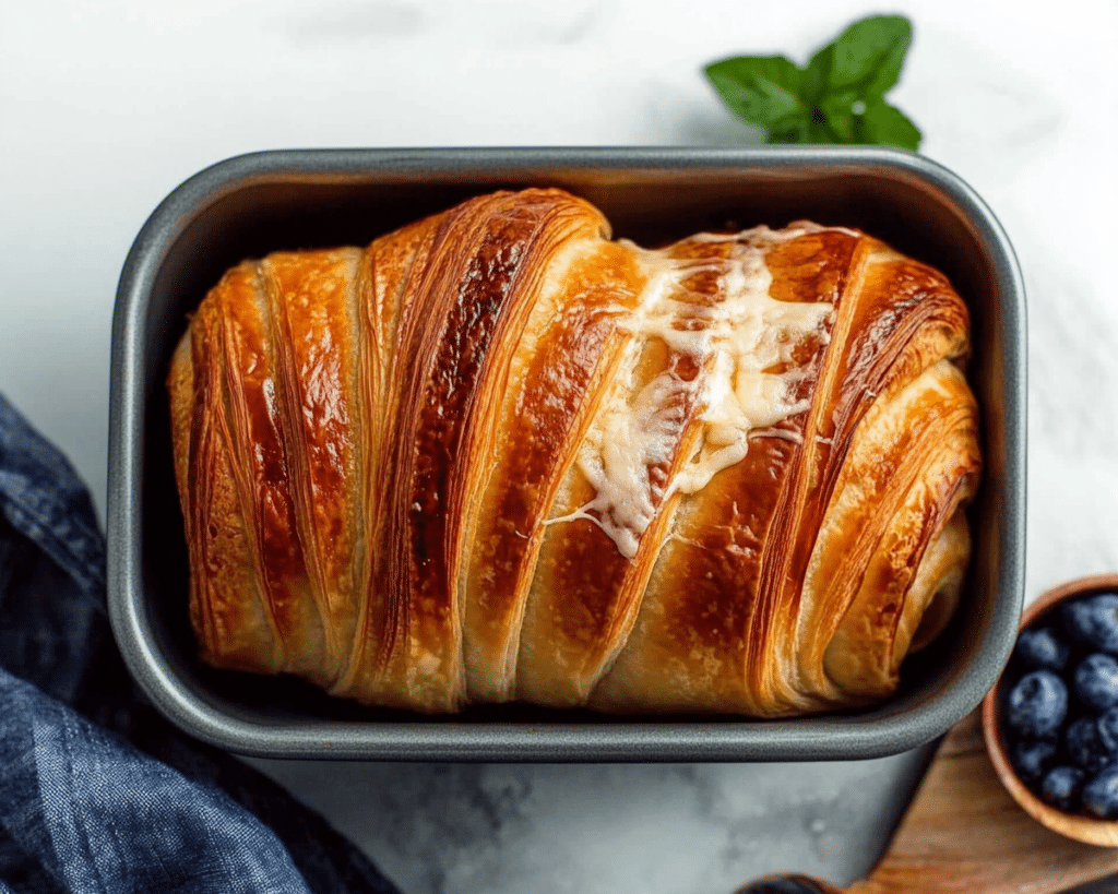 a loaf of bread sitting in a white bowl on top of a blue and white towel