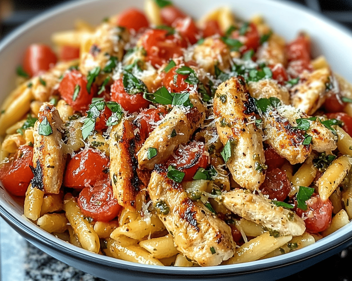 two pictures of chicken pasta with tomatoes and onions