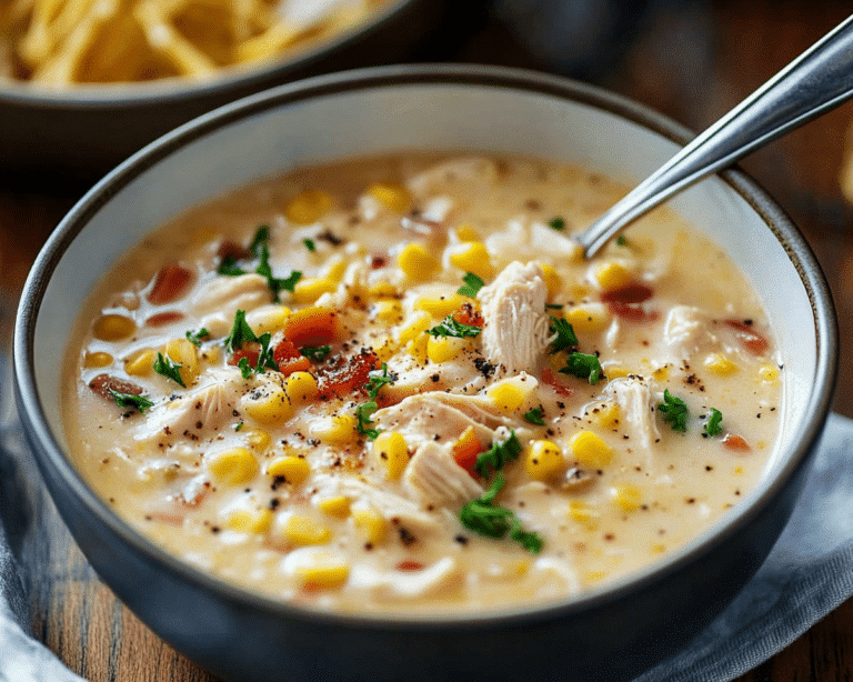 two bowls of crockpot chicken chowder with bread on the side and text overlay