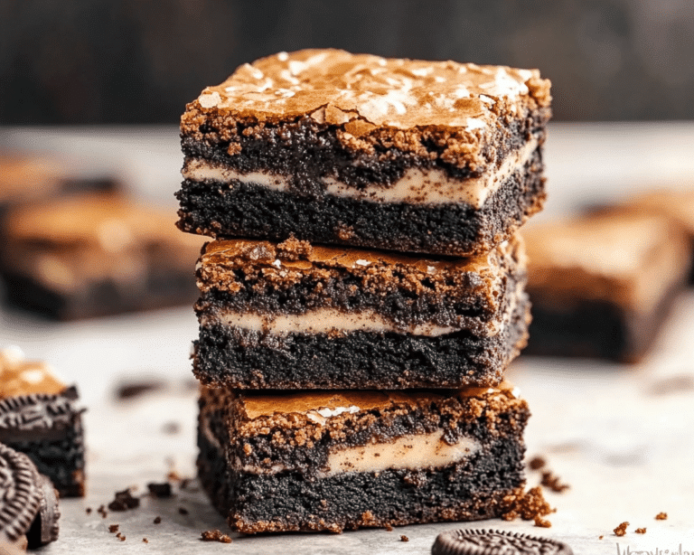 four chocolate brownies with white frosting stacked on top of each other