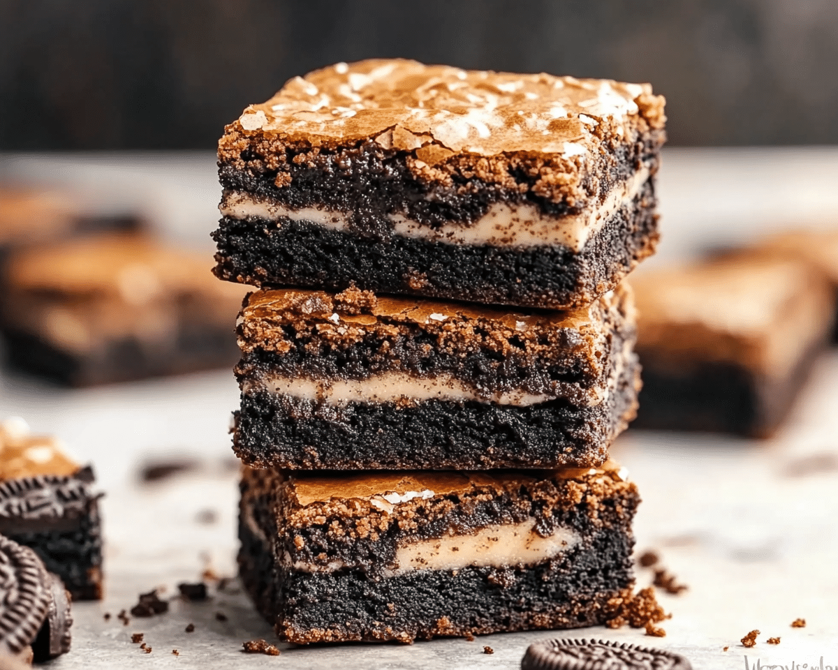 four chocolate brownies with white frosting stacked on top of each other