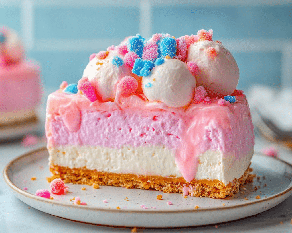 an advertisement for cotton candy cheesecake on a blue plate