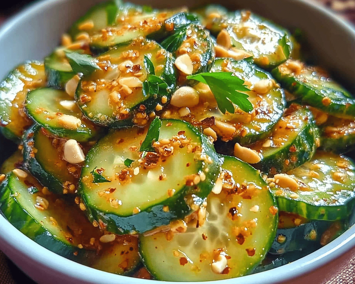 cucumbers in spicy peanut sauce on a plate with text overlay that reads cucumbers in spicy peanut sauce