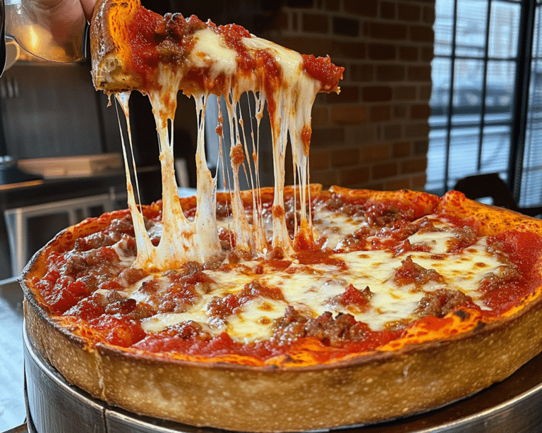 two different types of deep dish pizza on a wooden table with text overlay that reads deep dish pizza