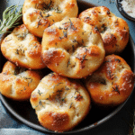 garlic rosemary focaccia muffins in a wooden tray with text overlay