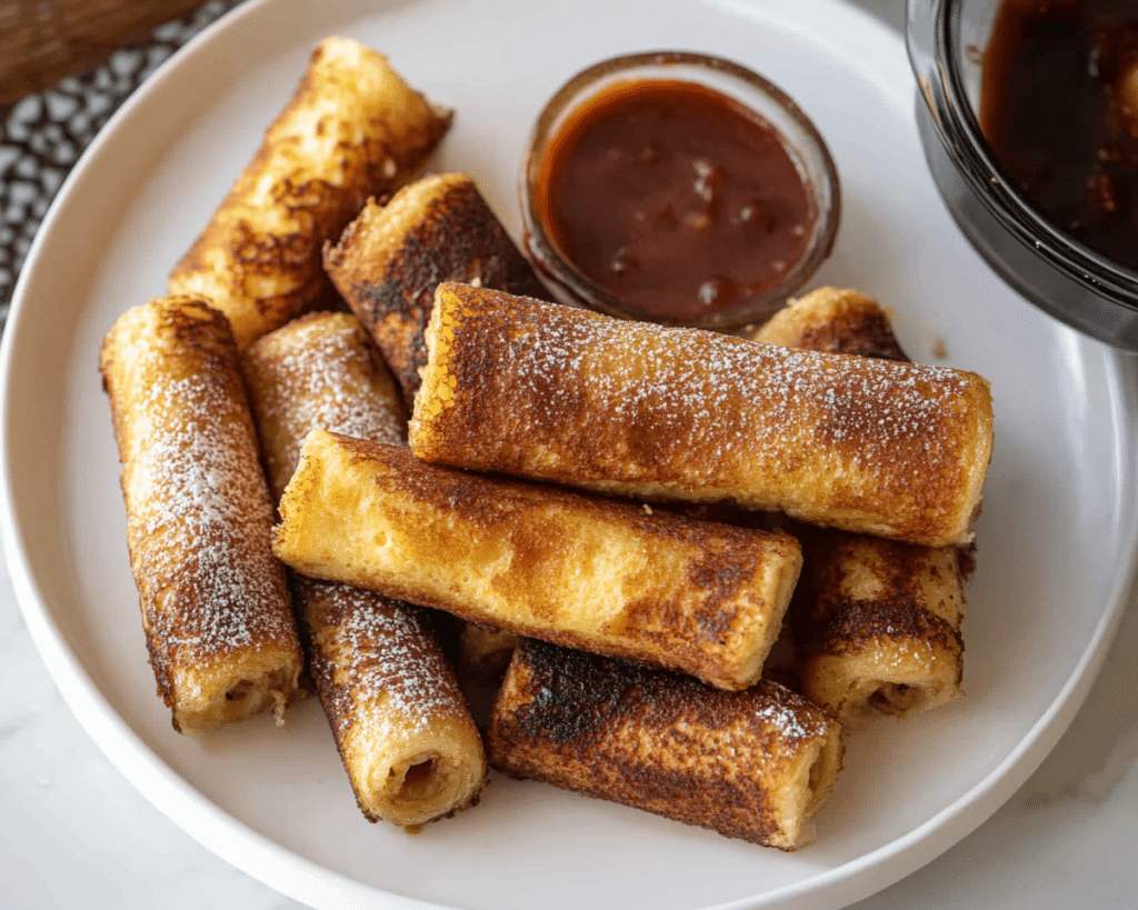 cinnamon roll french toast rolls on a white plate with the words cinnamon roll french toast rolls