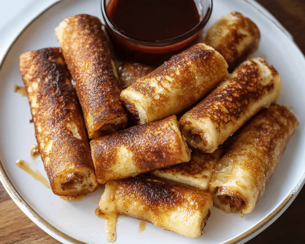 cinnamon roll french toast rolls on a white plate with the words cinnamon roll french toast rolls