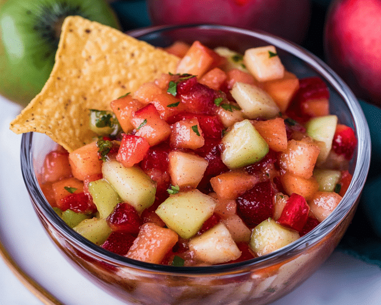 fruit salsa with cinnamon and sugar tortilla chips in glass bowls on a table
