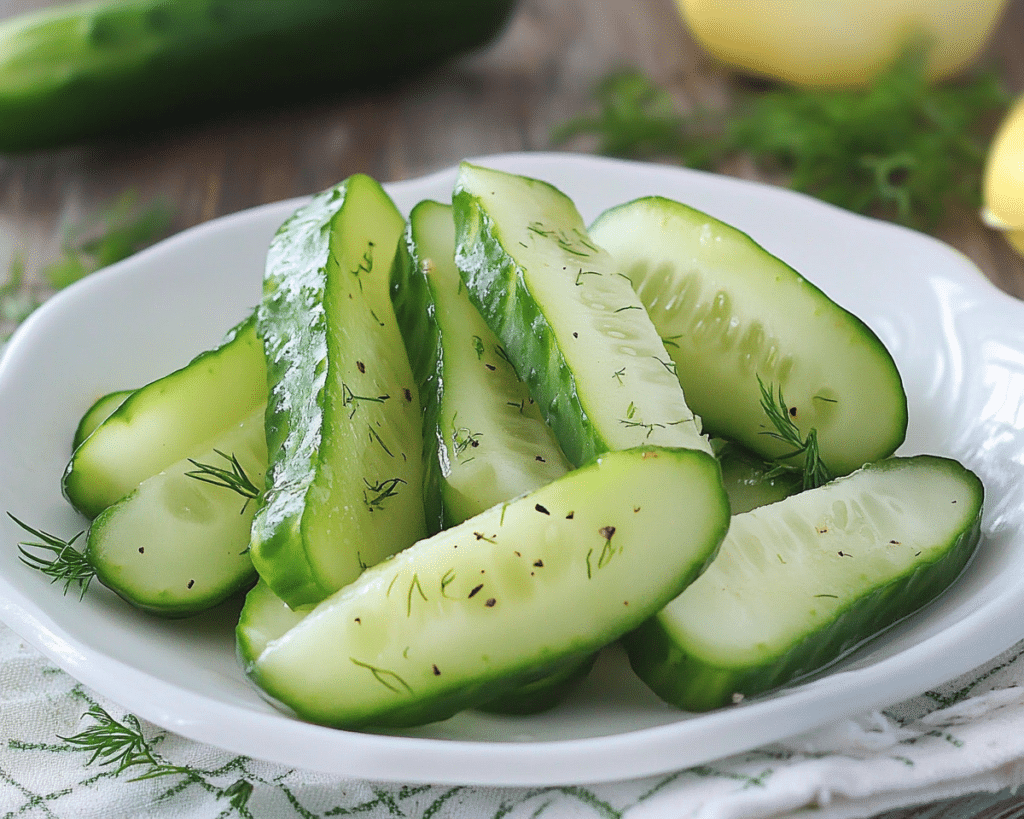 garlic dill cucumbers on a white plate