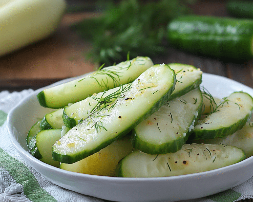 garlic dill cucumbers on a white plate