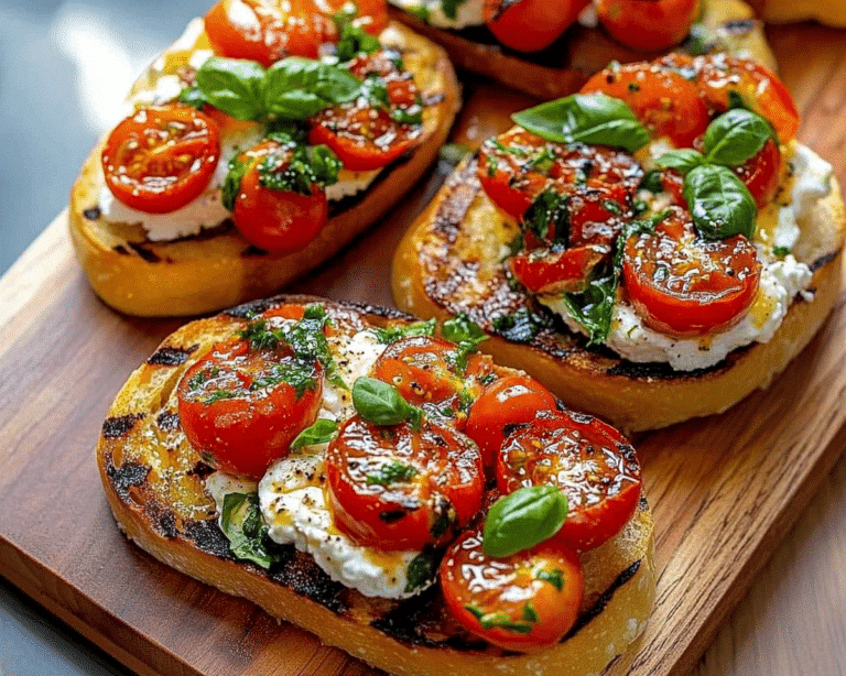 two pieces of bread with tomatoes and cheese on them sitting on a gold platter