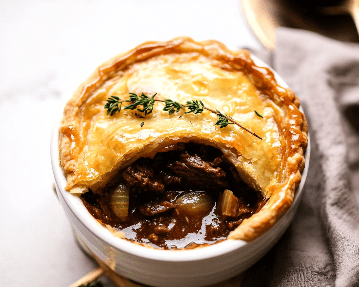 the ultimate comfort food guinness braised beef pot pie is ready to be eaten and served