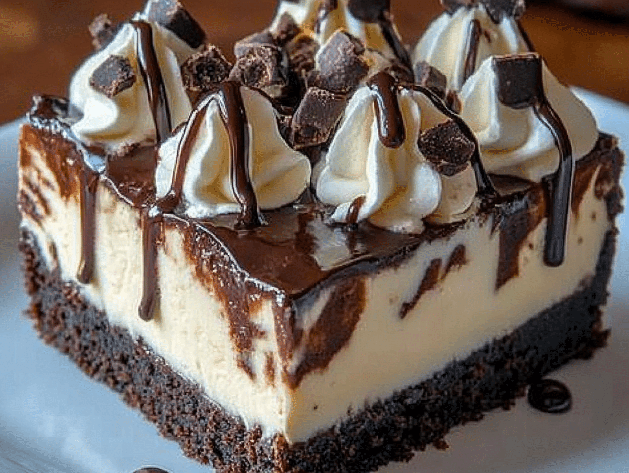 two pictures showing different types of cheesecakes on plates with chocolate drizzle
