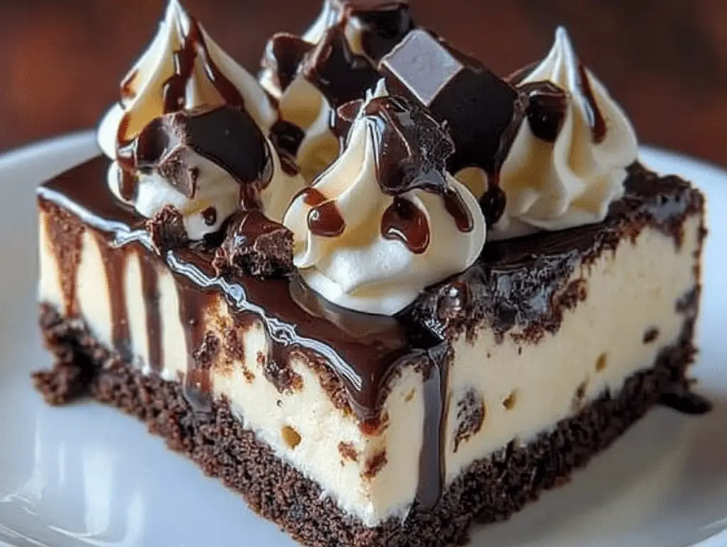 two pictures showing different types of cheesecakes on plates with chocolate drizzle