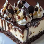 two pictures showing different types of cheesecakes on plates with chocolate drizzle