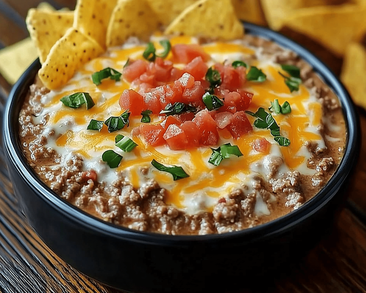a hand holding a tortilla chip over a bowl of chili and cheese dip