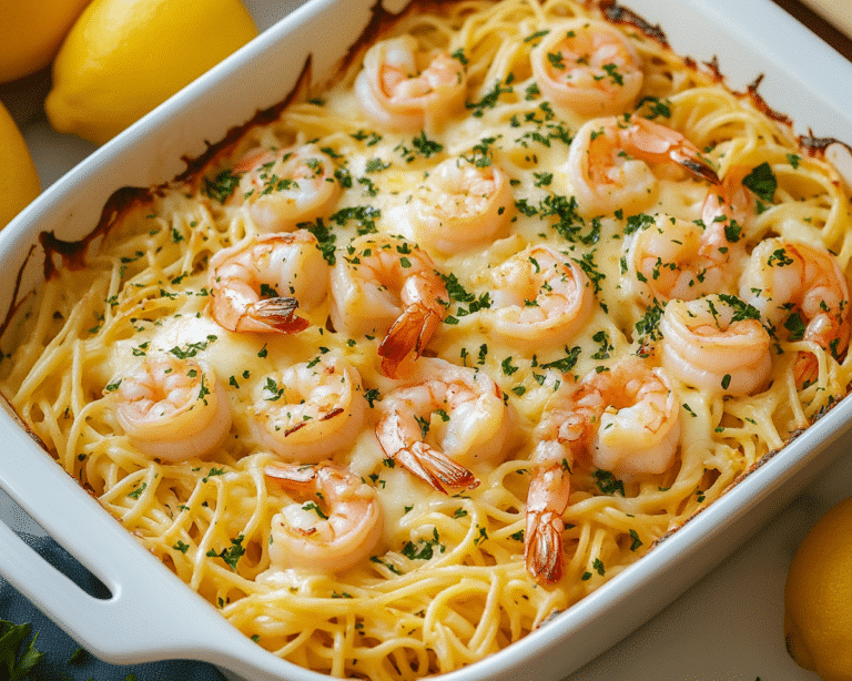shrimp scampi pasta bake in a casserole dish with text overlay