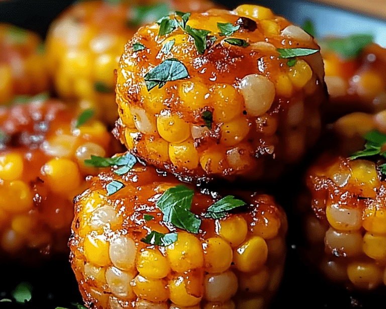a black plate topped with corn covered in seasoning and garnished on top of a wooden table