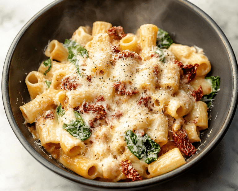 a bowl filled with pasta and spinach on top of a marble countertop next to a fork