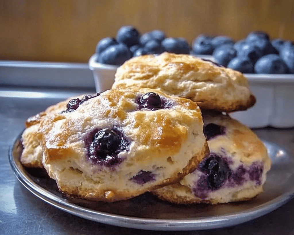 sweet blueberry biscuits on a baking sheet with text overlay that reads, sweet blueberry biscuits