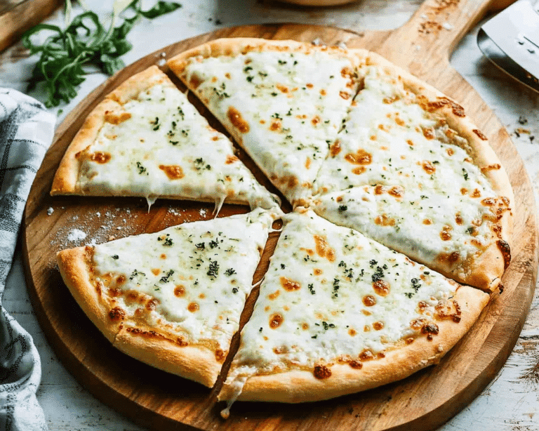 the white pizza is cut into eight slices