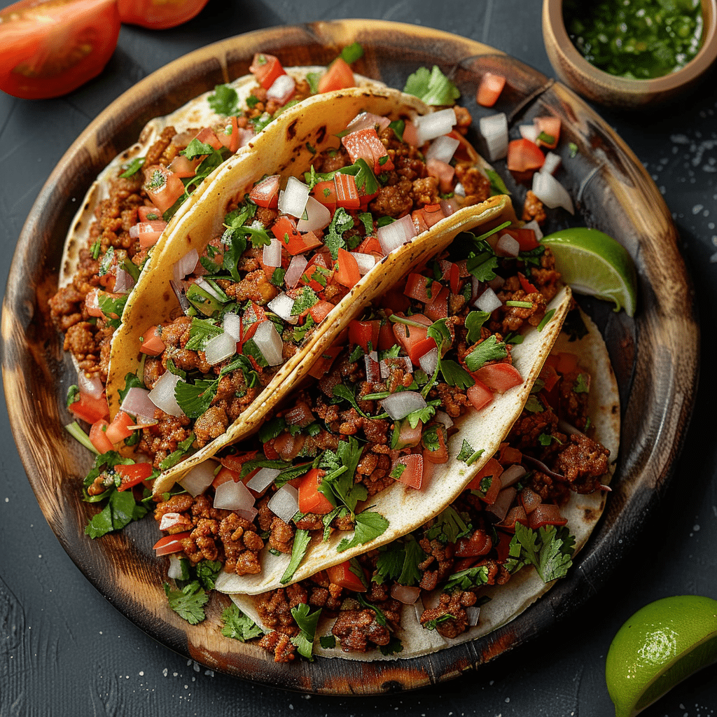 three tacos with meat, onions and cilantro