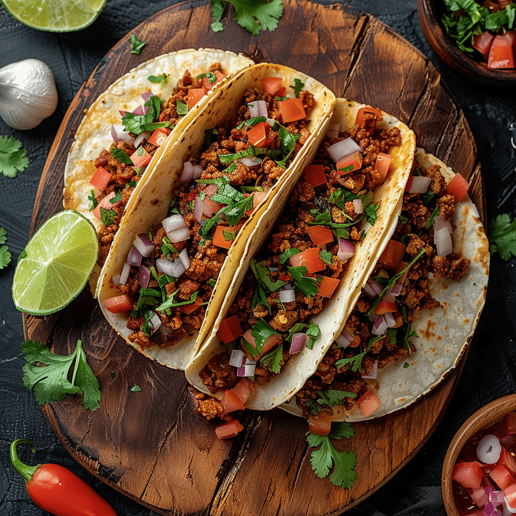 three tacos with meat, onions and cilantro