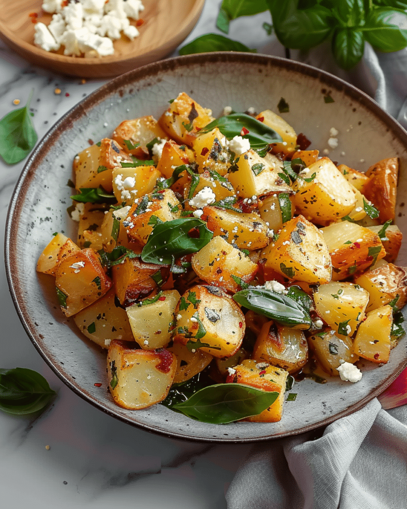 baked feta roast potatoes are an easy side dish recipe