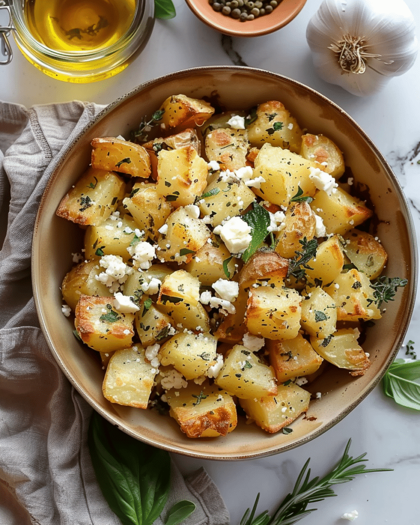 baked feta roast potatoes are an easy side dish recipe