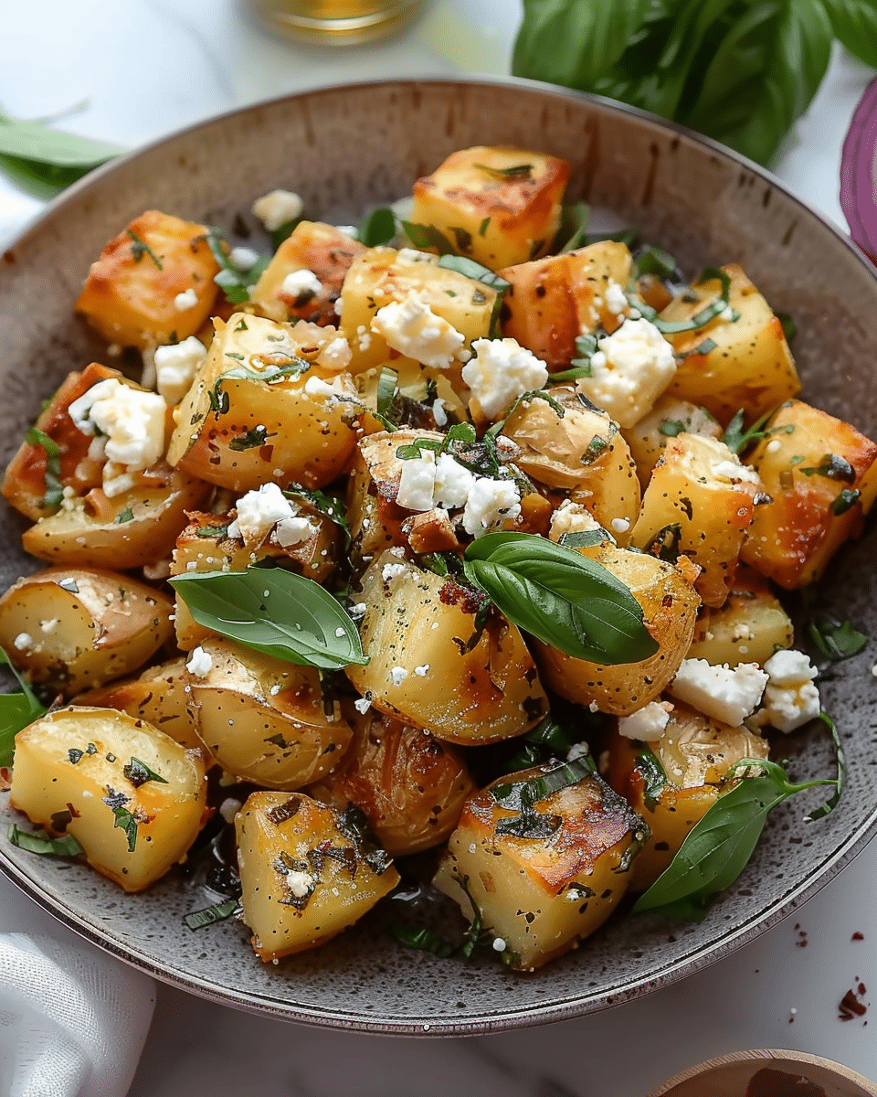 baked feta roast potatoes are an easy side dish recipe