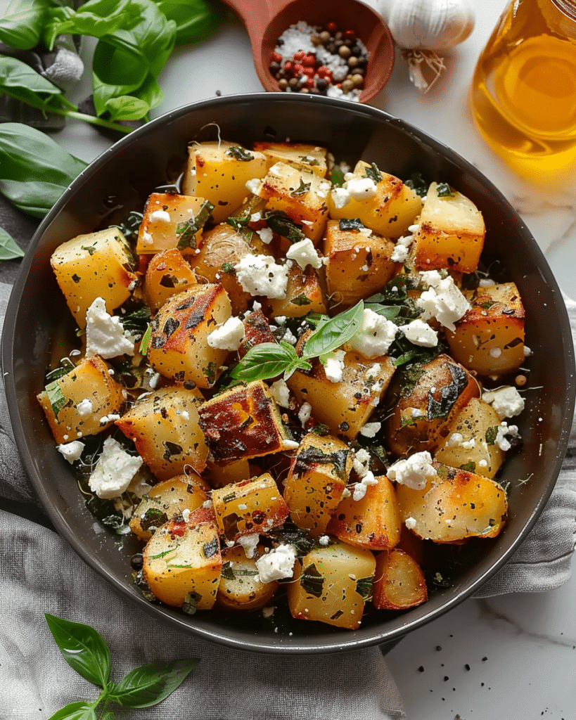 baked feta roast potatoes are an easy side dish recipe