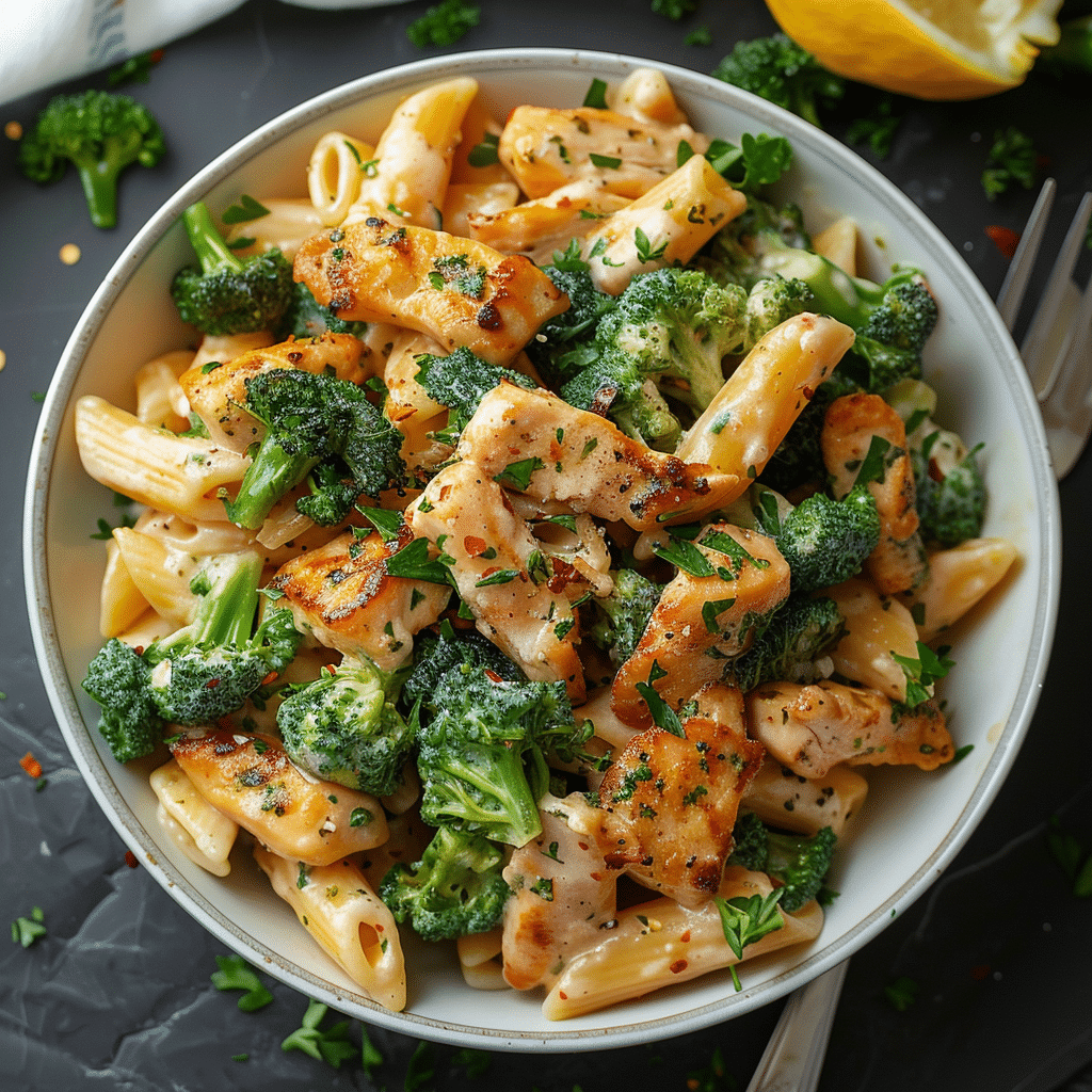 chicken and broccoli pasta bake in a pan with the title above it