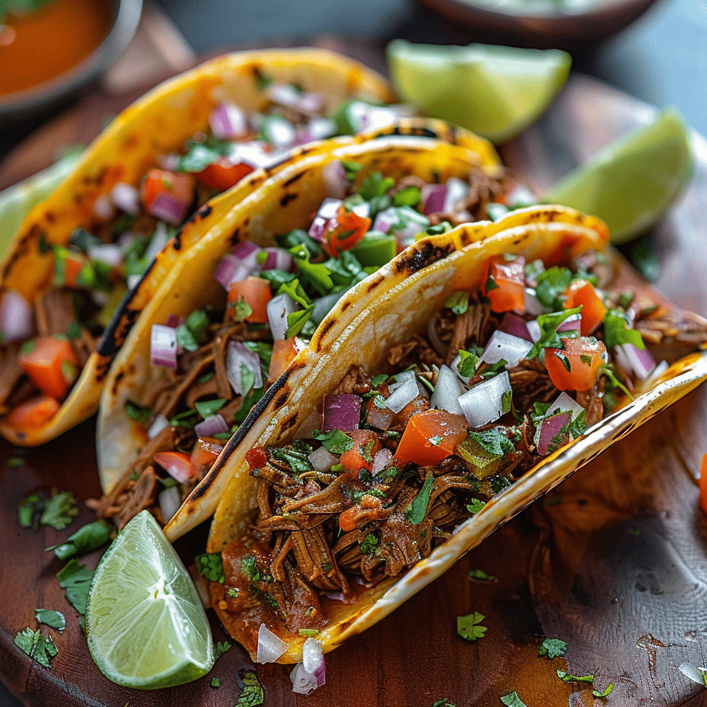 the crock pot burrito tacos are served with salsa and lime wedges
